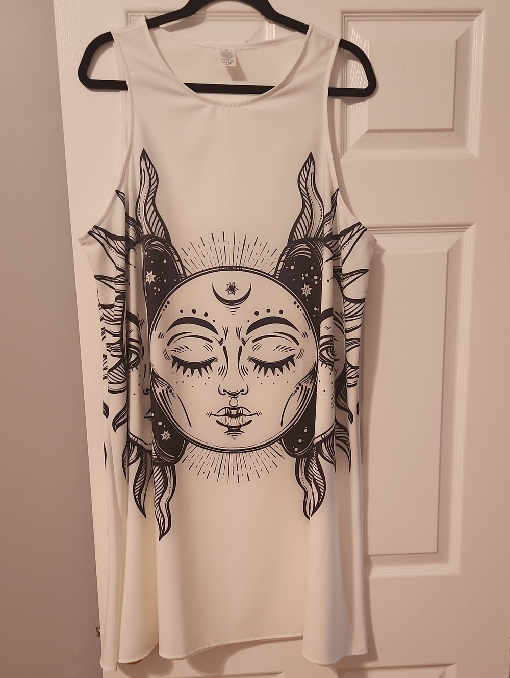 White Sleeveless Sun-Moon Face Graphic Tank Dress